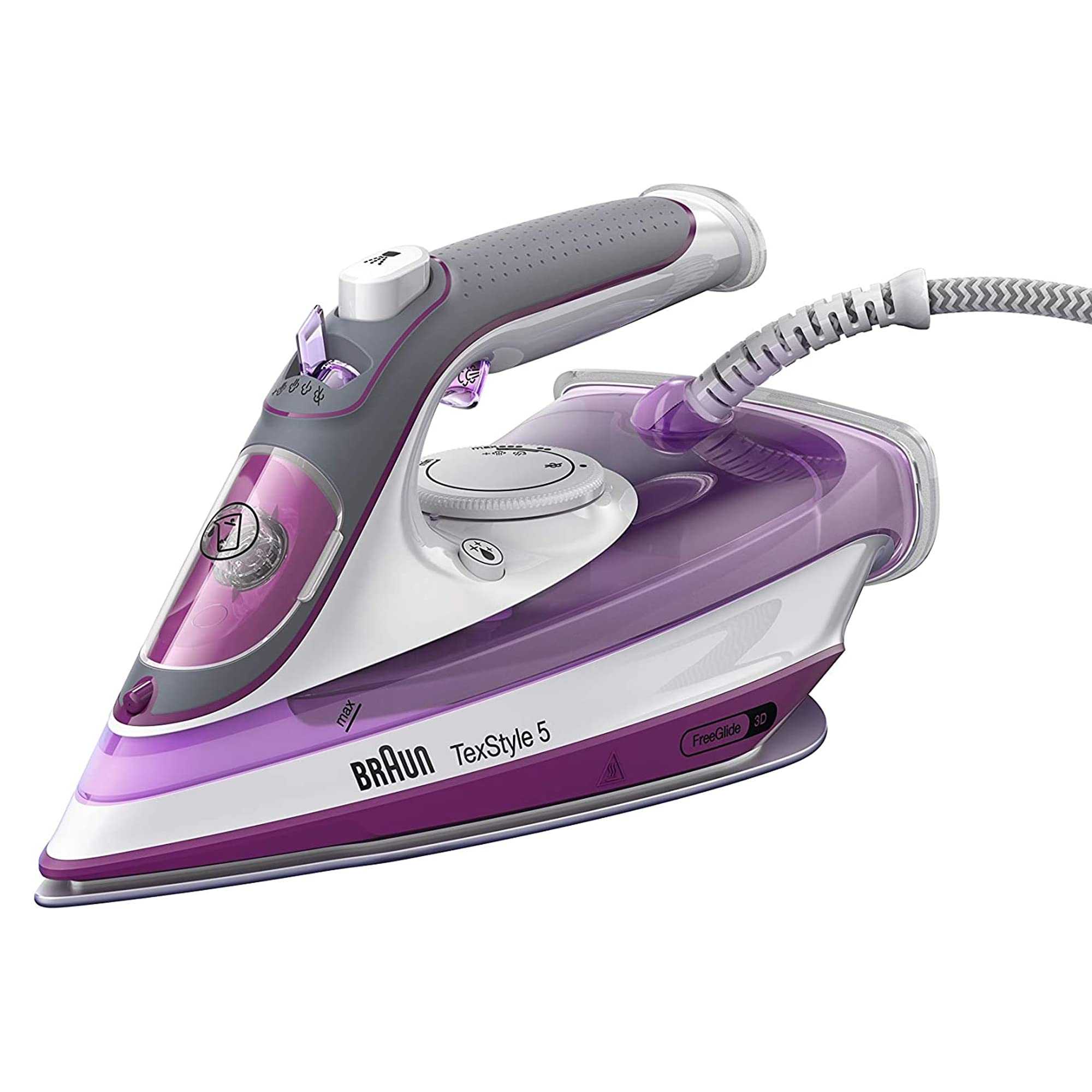 Braun TexStyle 5 2700 Watts, 300ml Water Capacity, FreeGlide 3D Technology, Auto Off Steam Iron جهاز كي بالبخار تكس ستايل 5 مع اغلاق اوتوماتيكي من براون 2700 واط، سعة مياه 300 مل، تقنية فري جلايد 3 دي، لون بنفسجي Braun TexStyle 5 2700 Watts, 300ml Water Capacity, FreeGlide 3D Technology, Auto Off Steam Iron جهاز كي بالبخار تكس ستايل 5 مع اغلاق اوتوماتيكي من براون 2700 واط، سعة مياه 300 مل، تقنية فري جلايد 3 دي، لون بنفسجي